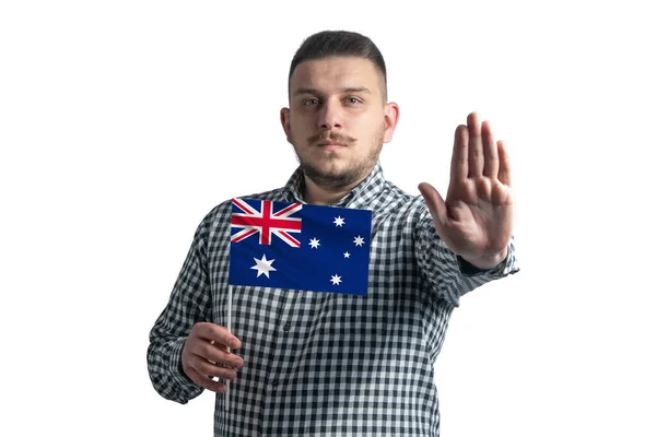 White Guy Holding Flag Australia Serious Face Shows Hand Stop — Stock Photo, Image