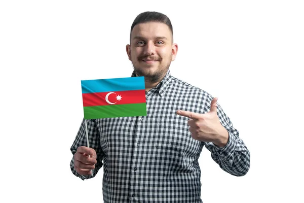 Beyaz Adam Azerbaycan Bayrağını Tutuyor Diğer Elini Beyaz Arka Planda — Stok fotoğraf