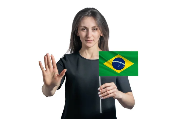 Happy Young White Woman Holding Flag Brazil Serious Face Shows — Stock Photo, Image