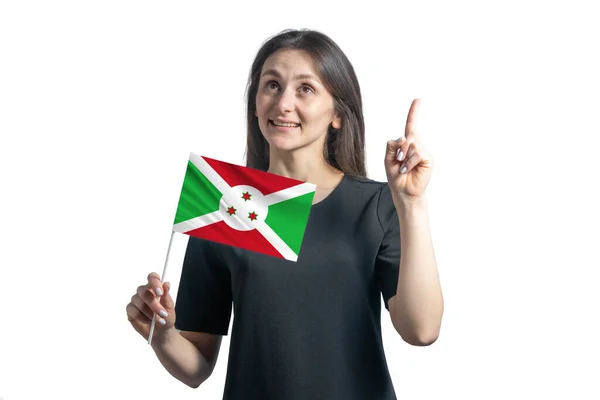 Mujer Blanca Joven Feliz Sosteniendo Bandera Burundi Señala Pulgares Hacia — Foto de Stock