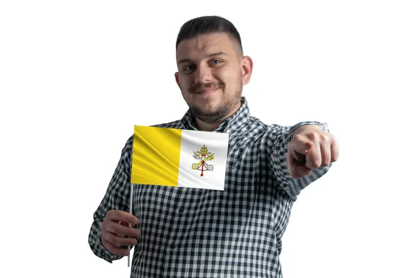 Vit Kille Som Håller Flagga Vatikanen Och Pekar Framåt Framför — Stockfoto