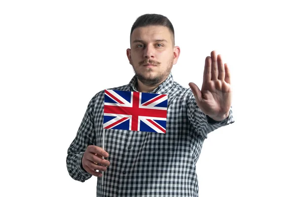 Homem Branco Segurando Uma Bandeira Reino Unido Com Rosto Sério — Fotografia de Stock