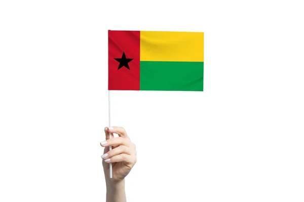 Schöne Weibliche Hand Mit Guinea Bissau Flagge Isoliert Auf Weißem — Stockfoto