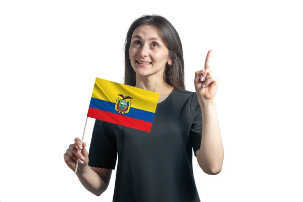Glad Ung Vit Kvinna Som Håller Flaggan Ecuador Och Pekar — Stockfoto