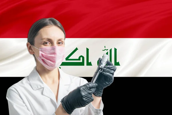 Fille Médecin Prépare Vaccination Sur Fond Drapeau Irakien Concept Vaccination — Photo