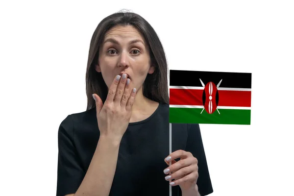 Glad Ung Vit Kvinna Som Håller Flagga Kenya Och Täcker — Stockfoto