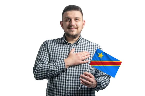 Hombre Blanco Sosteniendo Una Bandera República Democrática Del Congo Sostiene — Foto de Stock