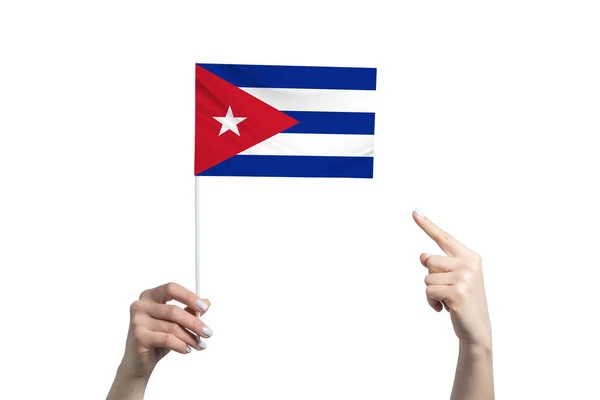 Beautiful Female Hand Holds Cuba Flag Which She Shows Finger — Stock Photo, Image