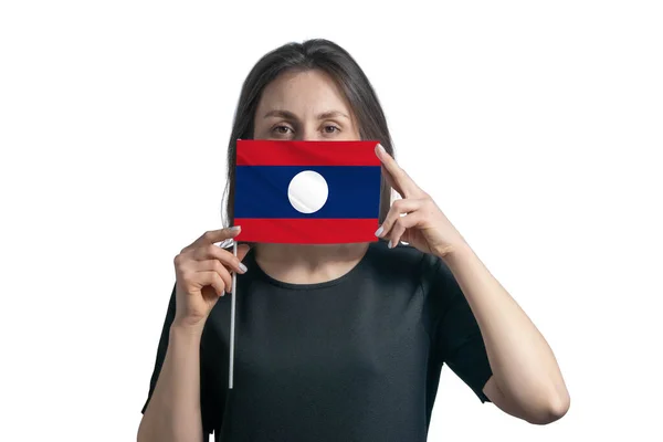 Glad Ung Vit Kvinna Håller Flagga Laos Flagga Och Täcker — Stockfoto