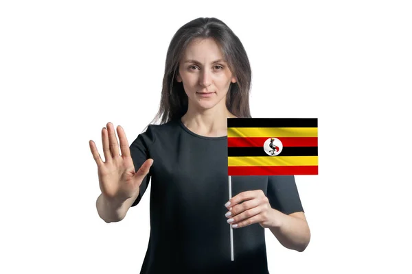 Fröhliche Junge Weiße Frau Mit Flagge Ugandas Und Ernstem Gesicht — Stockfoto