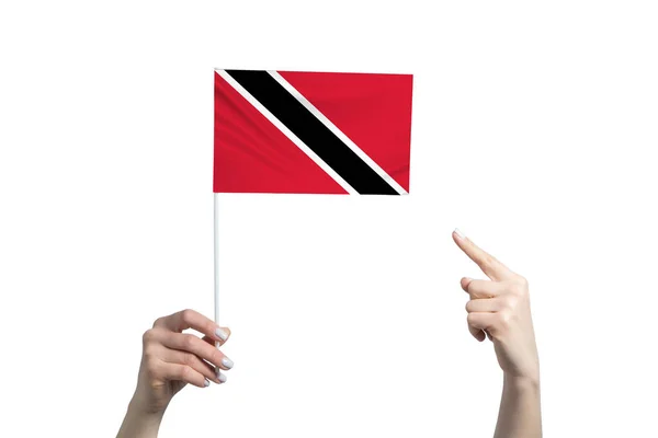 Красива Жіноча Рука Тримає Прапор Тринідаду Тобаго Якому Вона Показує — стокове фото