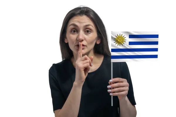 Glad Ung Vit Kvinna Som Håller Flaggan Uruguay Och Håller — Stockfoto