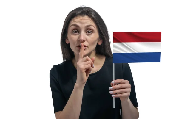 Ευτυχισμένη Νεαρή Λευκή Γυναίκα Που Κρατά Σημαία Της Ολλανδίας Και — Φωτογραφία Αρχείου