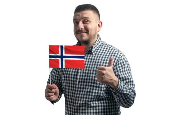 Biały Facet Flagą Norwegii Pokazuje Klasę Ręcznie Odizolowaną Białym Tle — Zdjęcie stockowe