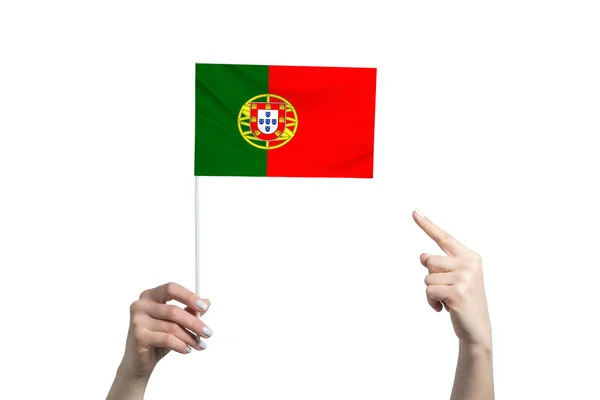 Beautiful Female Hand Holds Portugal Flag Which She Shows Finger — Stock Photo, Image