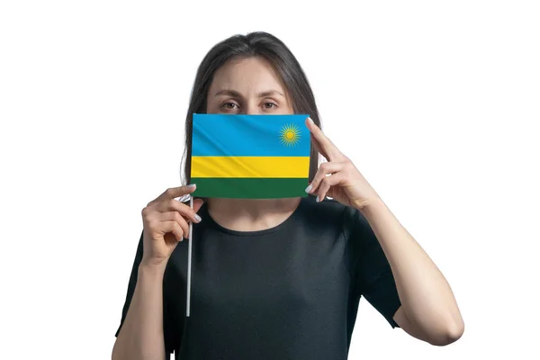Happy Young White Woman Holding Flag Rwanda Flag Covers Her — Stock Photo, Image
