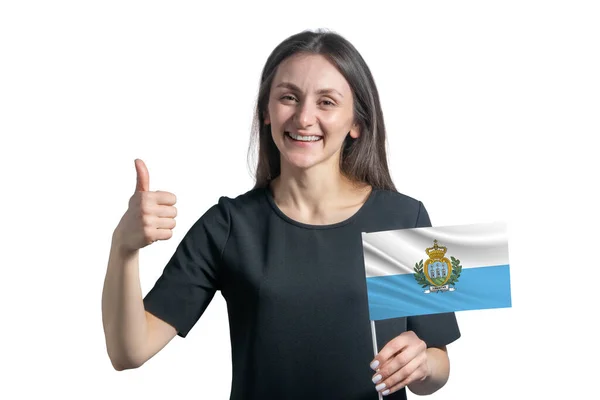 Jovem Mulher Branca Feliz Segurando Bandeira San Marino Mostra Classe — Fotografia de Stock