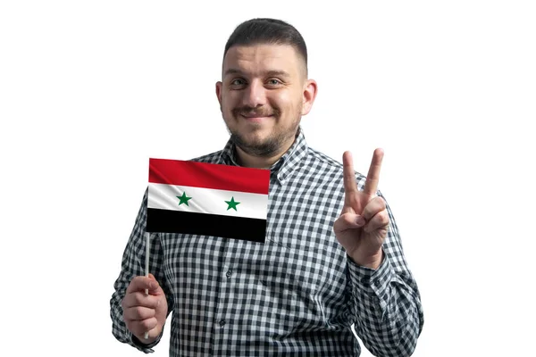 Weißer Typ Mit Einer Syrischen Flagge Und Zwei Fingern Auf — Stockfoto
