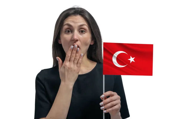 Gelukkig Jong Wit Vrouw Met Vlag Van Turkije Bedekt Haar — Stockfoto