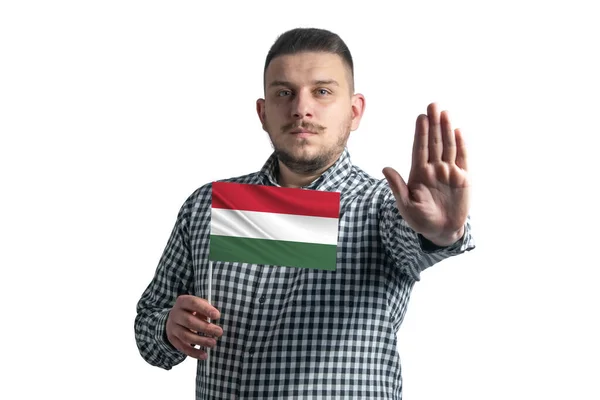 White Guy Holding Flag Hungary Serious Face Shows Hand Stop — Stock Photo, Image
