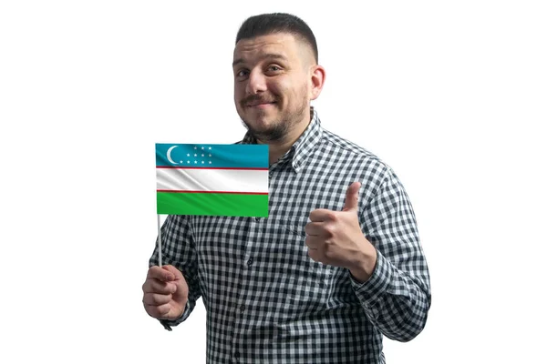 Hombre Blanco Sosteniendo Una Bandera Uzbekistán Muestra Clase Mano Aislada — Foto de Stock