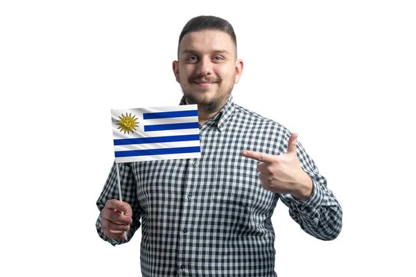 Vit Kille Som Håller Flagga Uruguay Och Pekar Fingret Den — Stockfoto