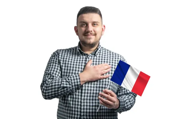 Hombre Blanco Sosteniendo Una Bandera Francia Sostiene Mano Sobre Corazón — Foto de Stock