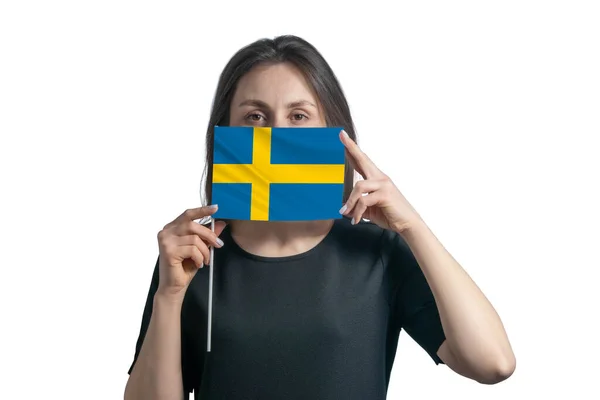 Gelukkige Jonge Blanke Vrouw Met Vlag Zweden Vlag Bedekt Haar — Stockfoto