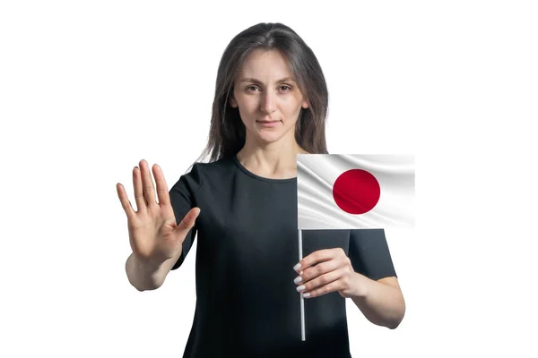 Jovem Mulher Branca Feliz Segurando Bandeira Japão Com Rosto Sério — Fotografia de Stock