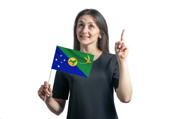 Gelukkig Jong Wit Vrouw Met Vlag Van Christmas Island Wijst — Stockfoto