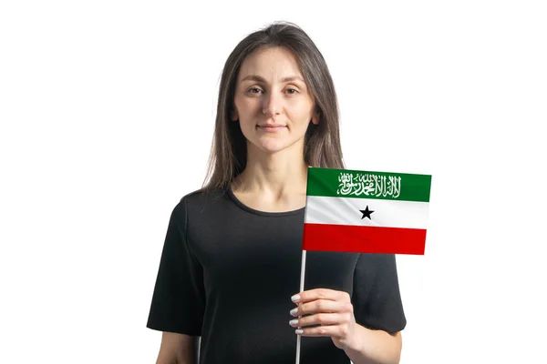 Glückliches Junges Weißes Mädchen Mit Somaliland Flagge Auf Weißem Hintergrund — Stockfoto