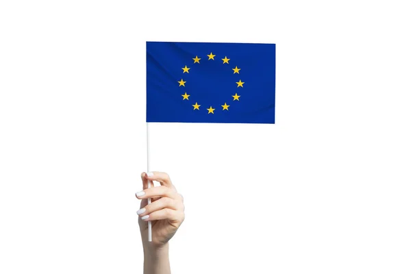Vacker Kvinnlig Hand Håller Europeiska Unionens Flagga Isolerad Vit Bakgrund — Stockfoto