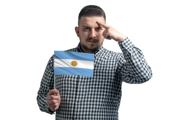 Vit Kille Som Håller Flagga Argentina Och Ett Finger Vidrör — Stockfoto