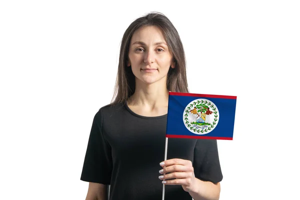 Feliz Joven Blanca Sosteniendo Bandera Belice Aislada Sobre Fondo Blanco — Foto de Stock