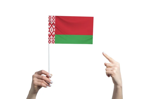 Egy Gyönyörű Női Kéz Egy Fehérorosz Zászlót Tart Amihez Másik — Stock Fotó