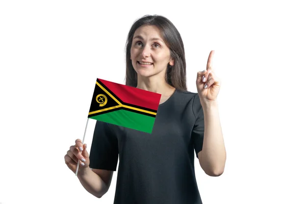바누아투의 깃발을 외따로 떨어져 배경을 손가락으로 가리키는 — 스톡 사진