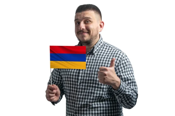 Homem Branco Segurando Uma Bandeira Armênia Mostra Classe Mão Isolado — Fotografia de Stock