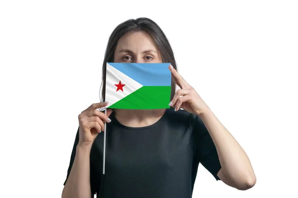 Gelukkige Jonge Blanke Vrouw Met Vlag Djibouti Vlag Bedekt Haar — Stockfoto