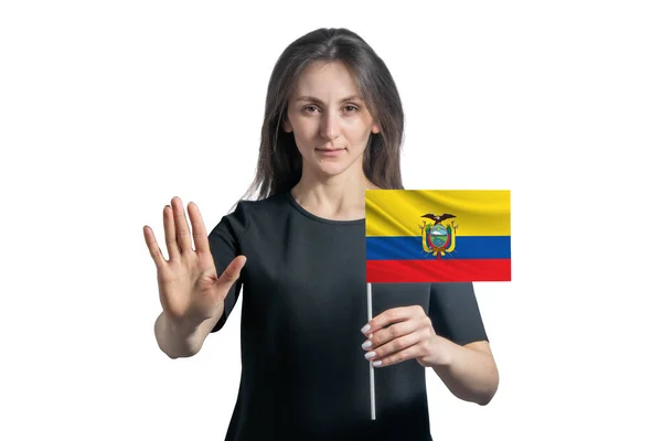 Glad Ung Vit Kvinna Som Håller Flaggan Ecuador Och Med — Stockfoto