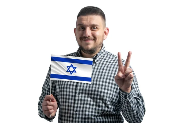 White Guy Holding Flag Israel Shows Two Fingers Isolated White — Stock Photo, Image