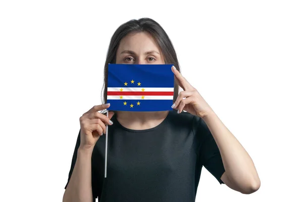 Happy Young White Woman Holding Flag Cape Verde Flag Covers — Stock Photo, Image