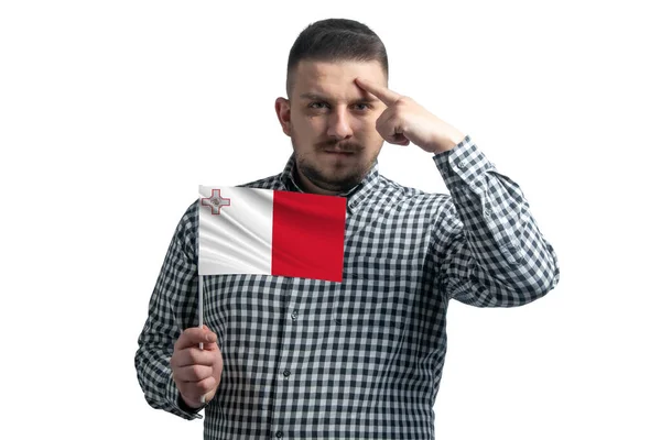 Blanke Man Met Een Vlag Van Malta Een Vinger Raakt — Stockfoto