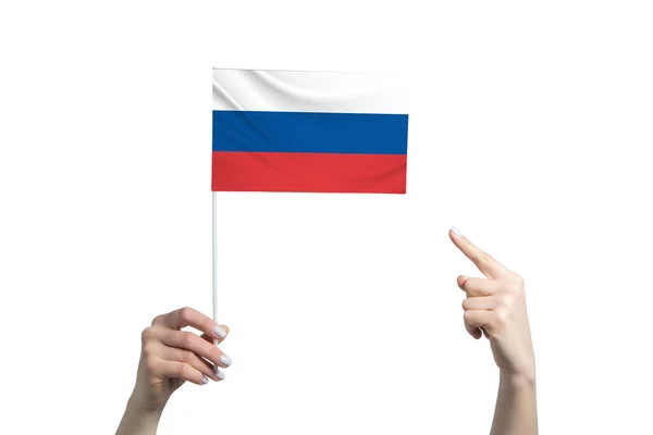 Beautiful Female Hand Holds Russia Flag Which She Shows Finger — Stock Photo, Image
