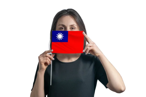 Wanita Kulit Putih Muda Yang Bahagia Memegang Bendera Republik China — Stok Foto