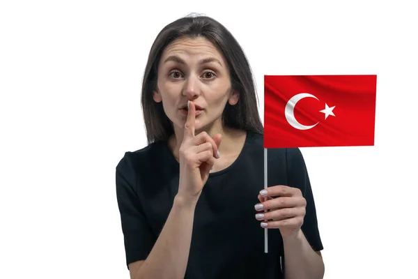 Gelukkige Jonge Blanke Vrouw Met Vlag Van Turkije Houdt Een — Stockfoto