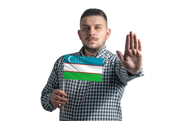 White Guy Holding Flag Uzbekistan Serious Face Shows Hand Stop — Stock Photo, Image