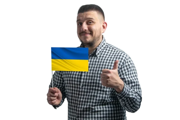 Ragazzo Bianco Che Tiene Una Bandiera Dell Ucraina Mostra Classe — Foto Stock