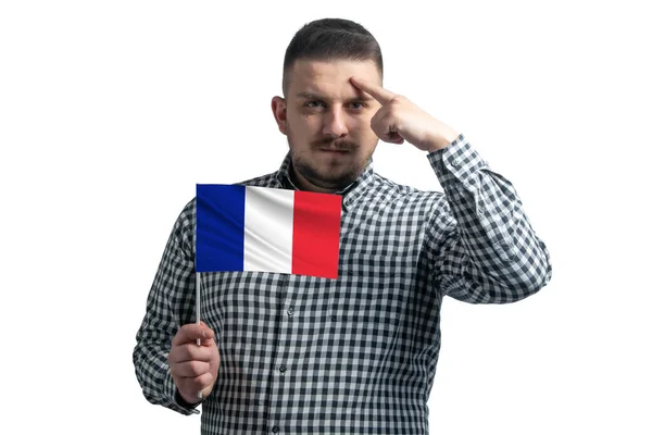 Homem Branco Segurando Uma Bandeira França Dedo Toca Templo Cabeça — Fotografia de Stock