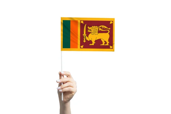 Beautiful Female Hand Holding Sri Lanka Flag Isolated White Background — Stock Photo, Image