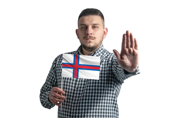 Homem Branco Segurando Uma Bandeira Das Ilhas Faroé Com Rosto — Fotografia de Stock